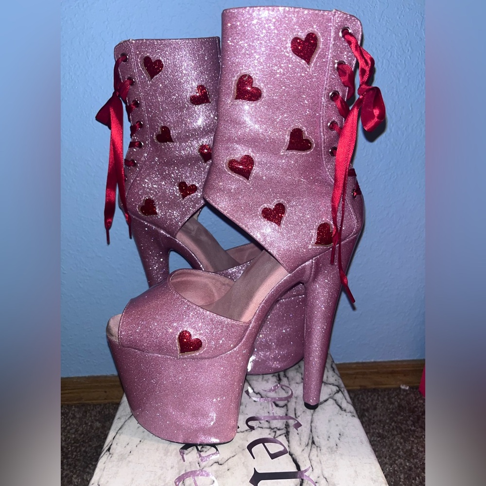 RARE Cupids Chokehold Ribbon Corset Boots Glitter Pink Stiletto Red Heart Hella